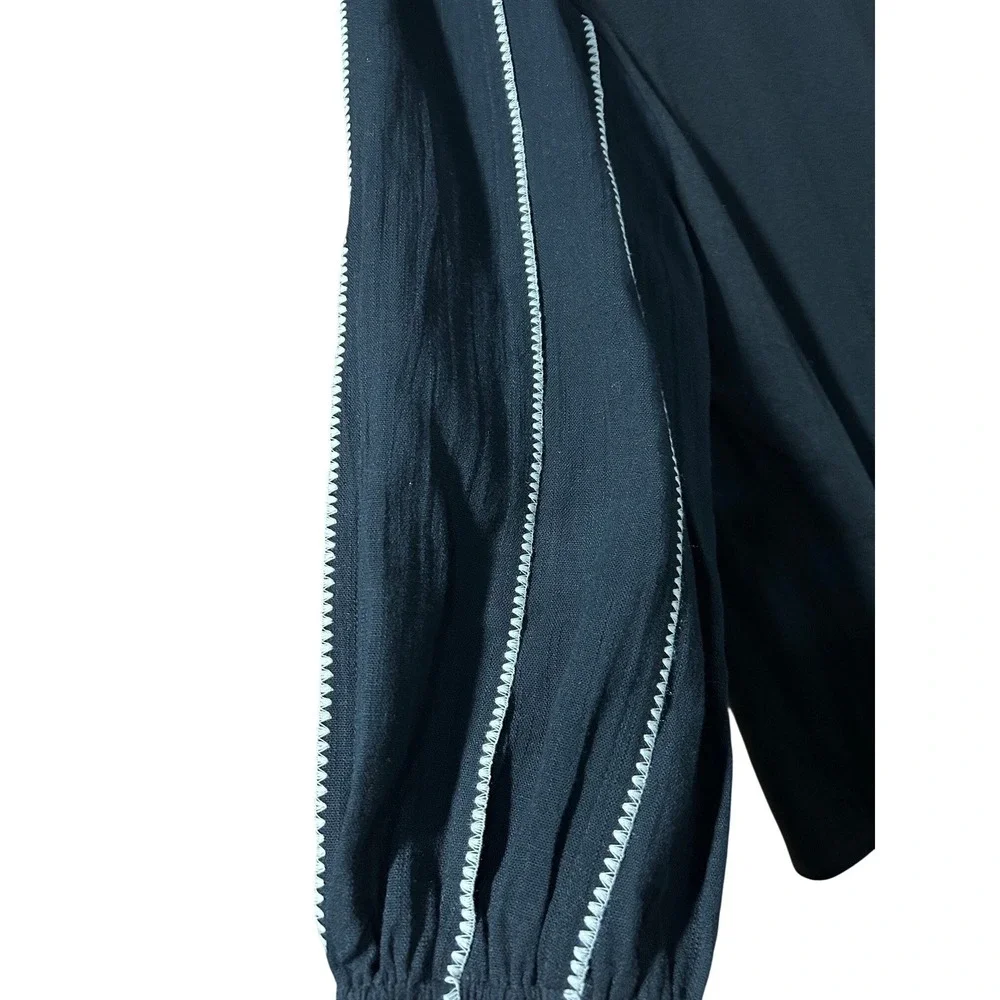 J. Jill Embroidered Gauze Top Black‎ White Contrast Stitch Pleated Sleeve Small